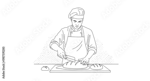 Baker slicing fresh artisan bread on a wooden board, close-up on hands and loaf