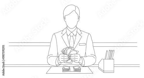 Bank teller counting money at counter, financial transaction, cash handling, business concept