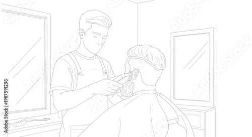 Barber cutting client's beard with electric trimmer in modern salon, line art illustration
