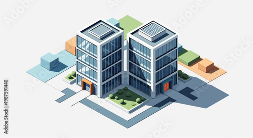 Isometric illustration of modern office buildings.