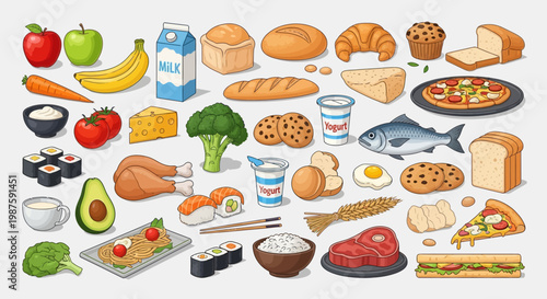 Variety of healthy food and drink items.