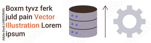 Big data management, technological advancement, database optimization, process automation, growth analytics, software systems. Stack of databases, gear and upward arrow graphic. Data management