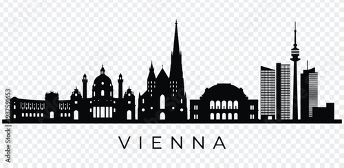 Black silhouette of vienna city skyline with famous buildings and towers