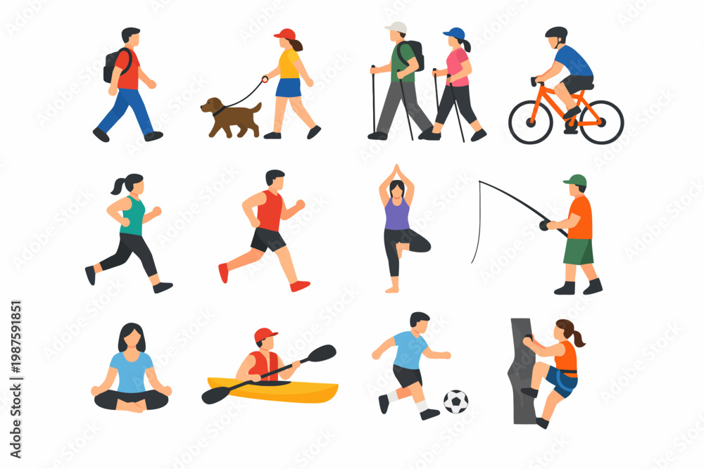 Fototapeta premium Diverse outdoor activities: walking, cycling, yoga, and more