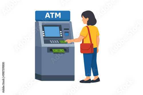 Young hispanic female using atm machine for cash withdrawal