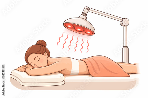 Young caucasian female relaxing under infrared heat lamp in spa setting