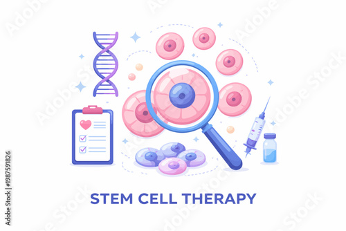 Stem cell therapy concept with dna, cells, and medical tools