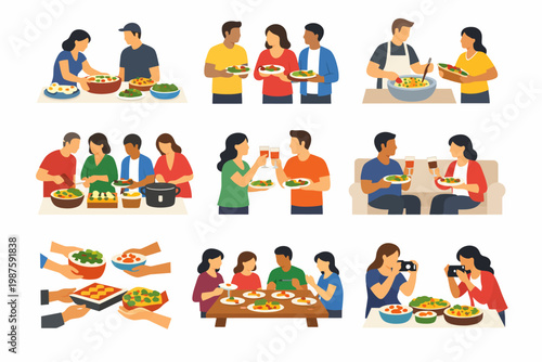 Group of diverse friends enjoying meals and cooking together