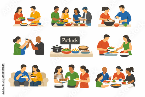 Diverse group enjoying potluck dinner: friends sharing homemade meals and conversation