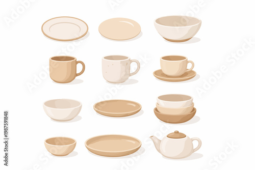 Collection of ceramic tableware: plates, cups, bowls, and teapot in neutral tones