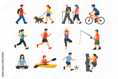 Diverse outdoor activities: walking, cycling, yoga, and more