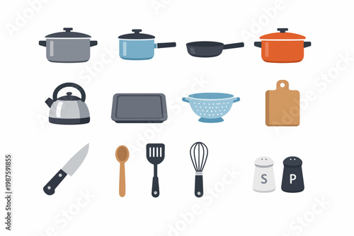 Assorted kitchen utensils and cookware collection on white background