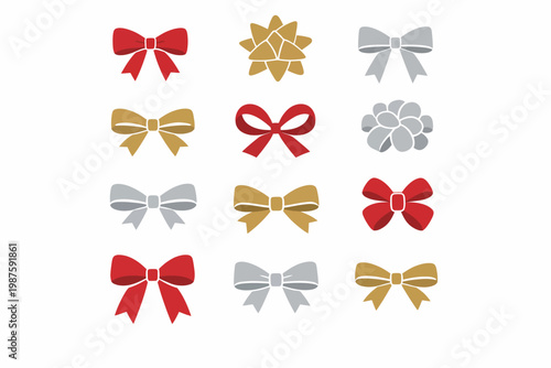 Colorful gift bows collection in red, gold, and silver assorted designs