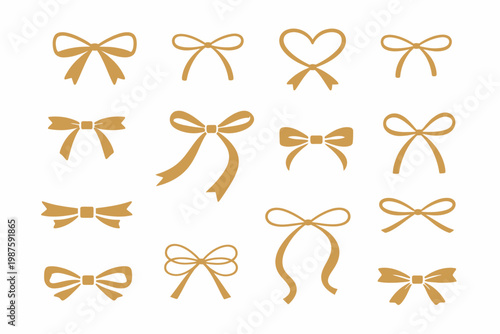 Various decorative gold bows for gift wrapping and design