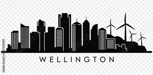 Black silhouette of wellington city skyline with wind turbines on a transparent background