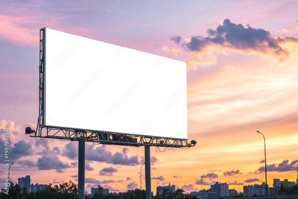Fototapeta premium Wide blank billboard against warm sunset sky with clouds in urban setting for advertising and consumer promotion