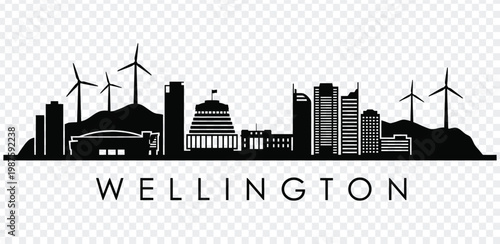 Black silhouette of wellington city skyline with wind turbines on hills