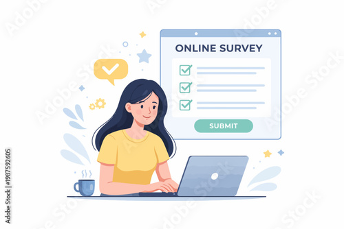 Asian female adult completing online survey on laptop with check marks and submit button
