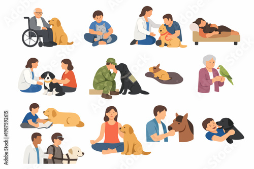 Diverse people connecting with animals: interactions and companionship across ages and settings
