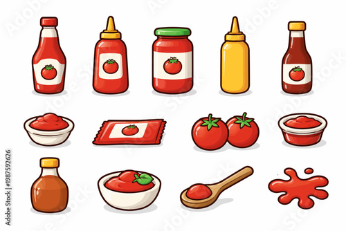 Collection of tomato sauce, ketchup, and condiments in various containers