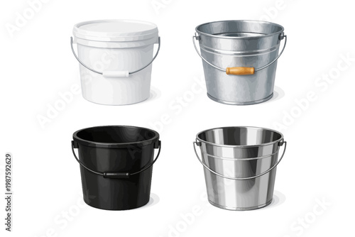 Variety of metal and plastic buckets with handles displayed in a grid layout