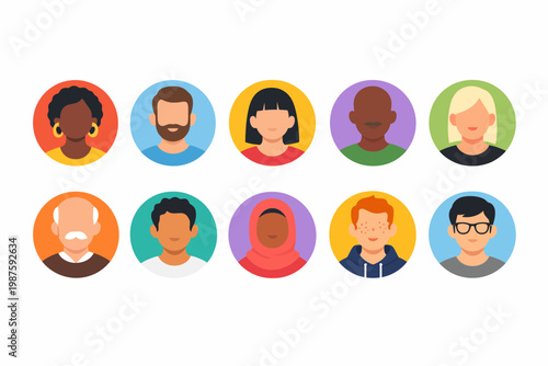 Diverse avatars: multiracial cartoon faces representing various genders and ages