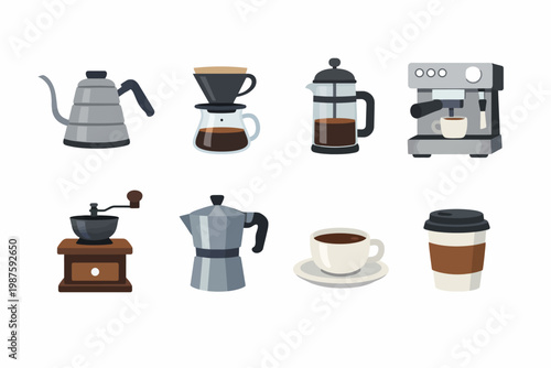 Various coffee brewing equipment and accessories illustration