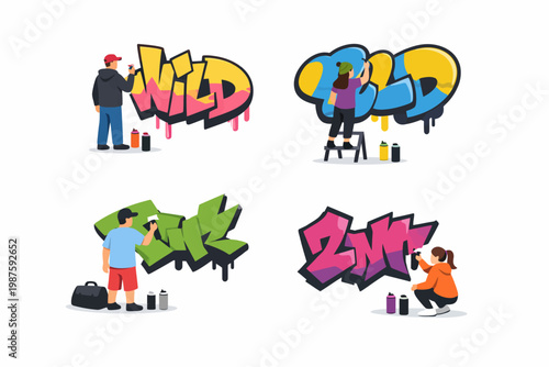 Young artists creating colorful graffiti art on walls