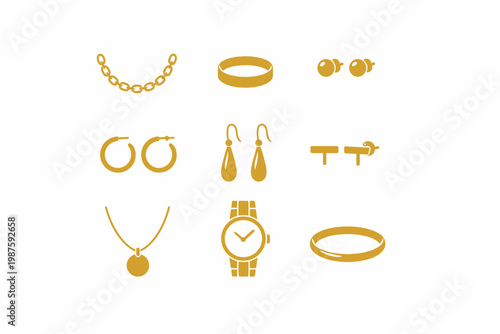 Elegant gold jewelry collection featuring earrings, necklaces, bracelets, and watches