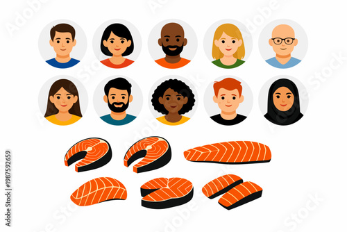 Diverse group of animated people and various sushi pieces displayed