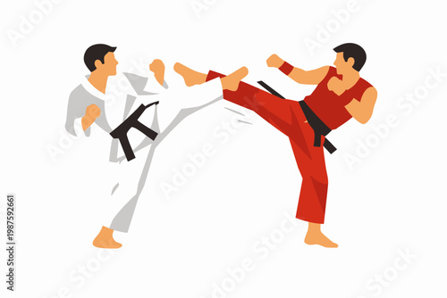 Two young adult males in karate sparring match with high kicks