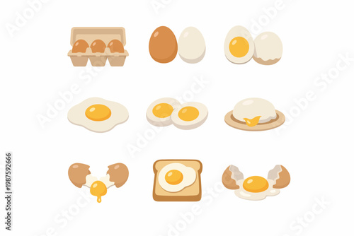 Assorted egg icons: whole, cracked, fried, boiled, carton, toast, poached illustrations