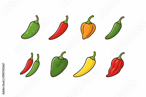 Variety of colorful chili peppers on white background