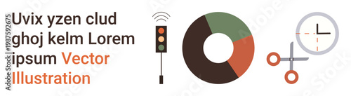 Data analysis, education, decision-making, infographic design, business presentations, visual studies. A traffic light, pie chart scissors and magnifying glass. Data analysis and education concepts