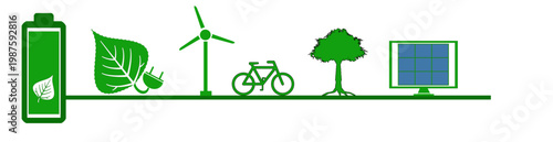 Banner Battery icon with leaf connecting to green city wind turbines and solar panels on background for energy storage concept vector graphic design.