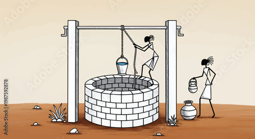 Warli art style illustration of women drawing water from a stone well, traditional Indian tribal folk art vector, rural village life scene