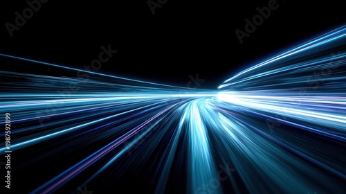 A sweeping motion of blue and white light trails curves through a dark background, suggesting rapid travel or data flow.