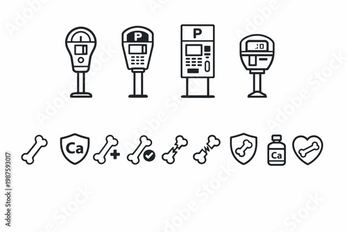 Black and white parking meters and bone health icons with calcium supplements