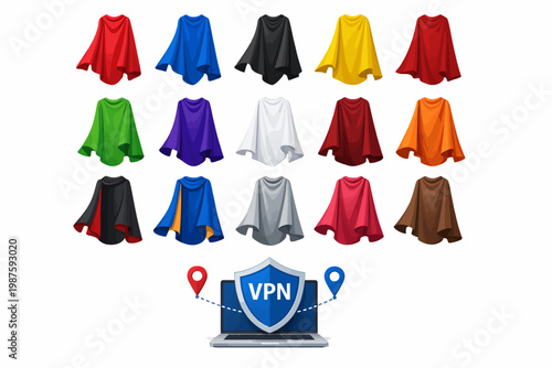 Colorful capes collection with vpn shield on laptop symbol