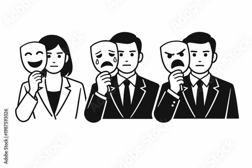 Conceptual illustration of emotional masks with male and female adults