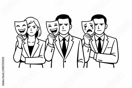 Illustration of people holding masks with different emotions
