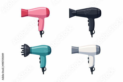 Variety of colored hair dryers in modern design