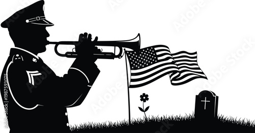 Memorial day in the u s a solemn taps played before american flags and graves