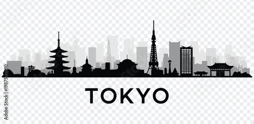Black silhouette of tokyo city skyline with famous landmarks and pagodas