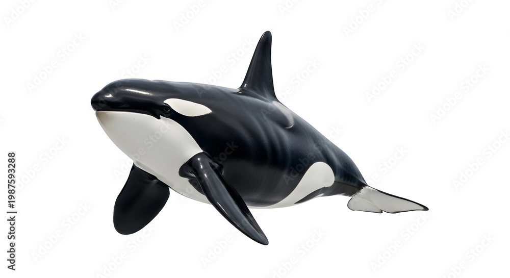 Fototapeta premium Realistic Orca Killer Whale Full Body Isolated on White Background for Wildlife Photography, Marine Mammal, Ocean Predator, Aquatic Animal, Nature Observation, Detailed Animal Illustration