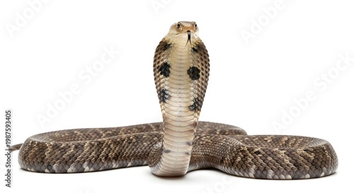 Realistic Cobra Snake with Spread Hood Isolated on White Background for Wildlife Photography, Venomous Reptile, Predator Animal, Dangerous Species, Nature Observation, Detailed Skin Pattern 