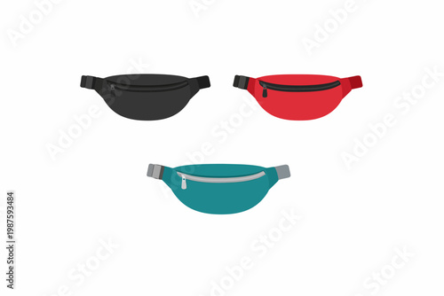 Black, red, and teal waist bags on white background