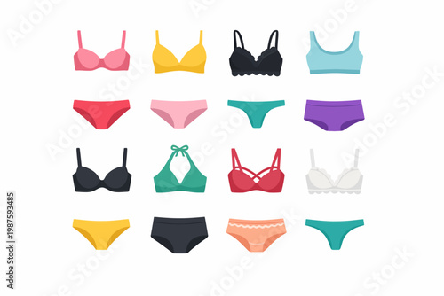 Colorful collection of women's bras and panties in various styles and colors