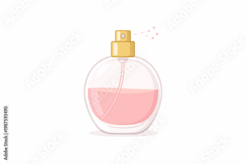 Pink perfume atomizer with golden cap on white background