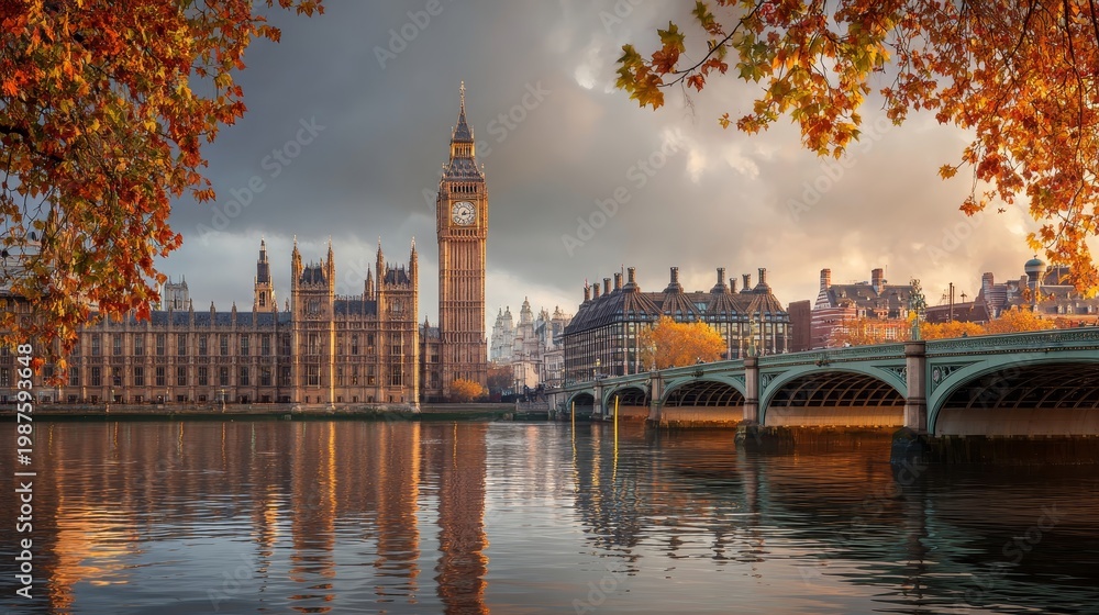 Fototapeta premium Big Ben tower with the Palace of Westminster and Westminster Bridge in autumn, London.
